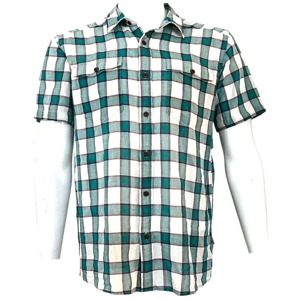 Patagonia Mens Short Sleeve Button Up Shirt Teal White Plaid Check Medium